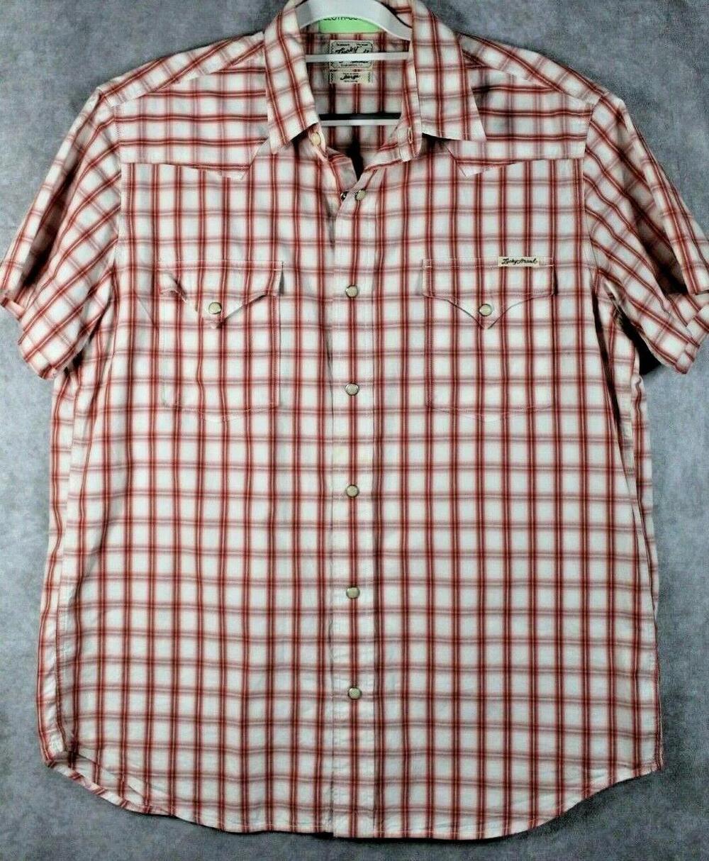 Lucky Brand Shirt Mens L Red Plaid Button Up Short Sleeve Snap Cotton